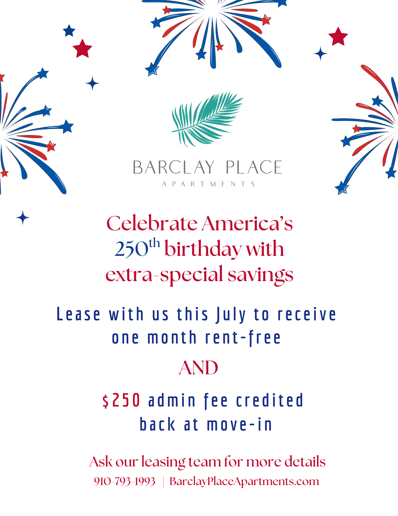 Lease with us this July and receive one month rent-free and $250 admin fee credited back on move in. Contact our office at (910)793-1993 for more details